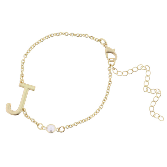 Gold Sideways "J" Initial with Pearl Bezel Station Accent Bracelet