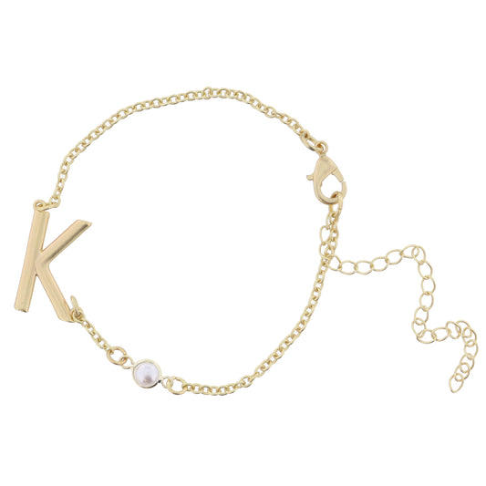 Gold Sideways "K" Initial with Pearl Bezel Station Accent Bracelet
