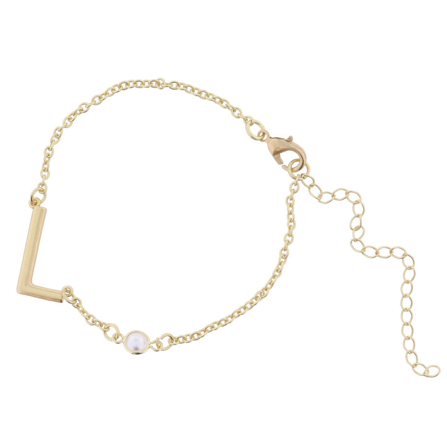 Gold Sideways "L" Initial with Pearl Bezel Station Accent Bracelet