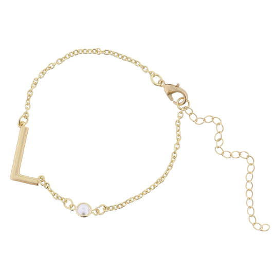 Gold Sideways "L" Initial with Pearl Bezel Station Accent Bracelet
