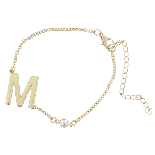 Gold Sideways "M" Initial with Pearl Bezel Station Accent Bracelet