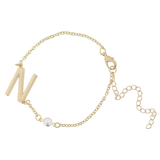 Gold Sideways "N" Initial with Pearl Bezel Station Accent Bracelet