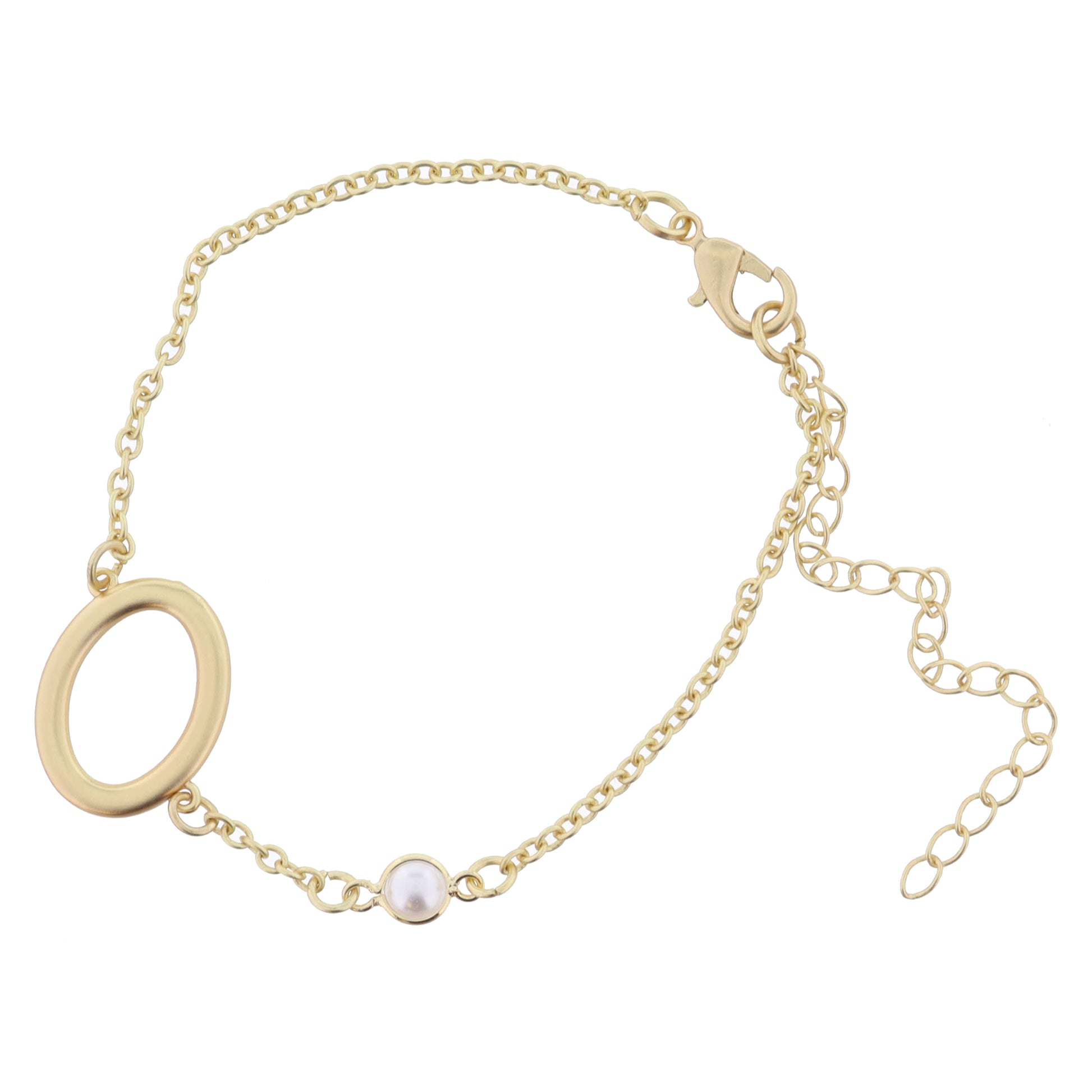 Gold Sideways "O" Initial with Pearl Bezel Station Accent Bracelet