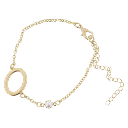 Gold Sideways "O" Initial with Pearl Bezel Station Accent Bracelet