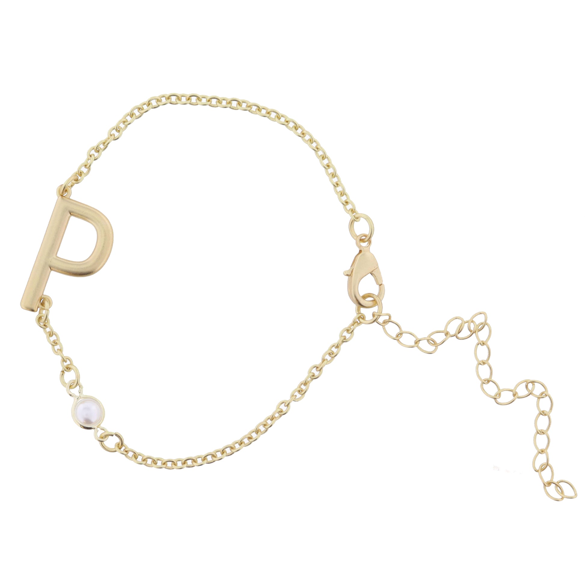 Gold Sideways "P" Initial with Pearl Bezel Station Accent Bracelet