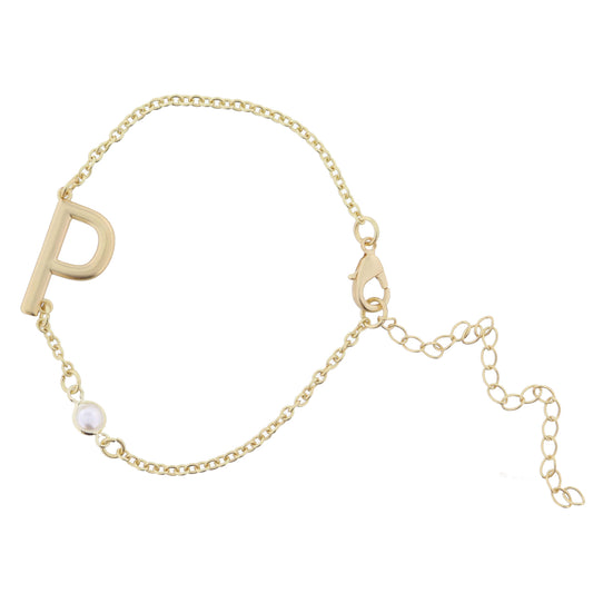 Gold Sideways "P" Initial with Pearl Bezel Station Accent Bracelet