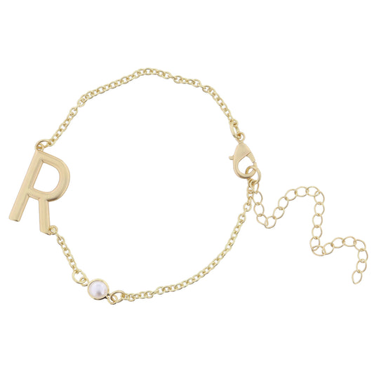 Gold Sideways "R" Initial with Pearl Bezel Station Accent Bracelet