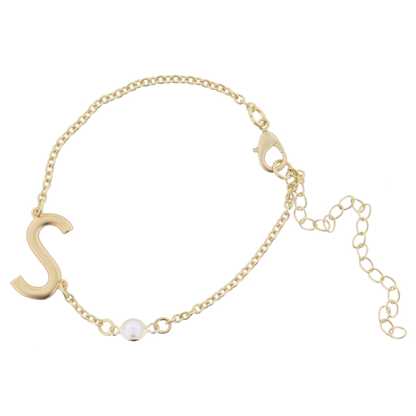 Gold Sideways "S" Initial with Pearl Bezel Station Accent Bracelet