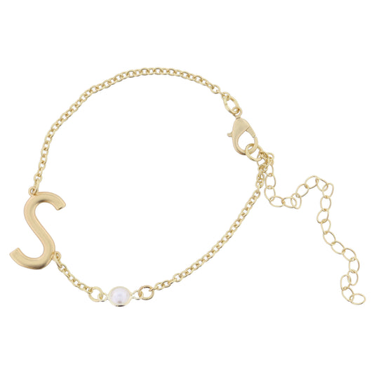 Gold Sideways "S" Initial with Pearl Bezel Station Accent Bracelet