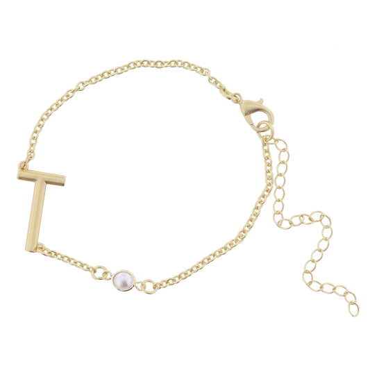 Gold Sideways "T" Initial with Pearl Bezel Station Accent Bracelet