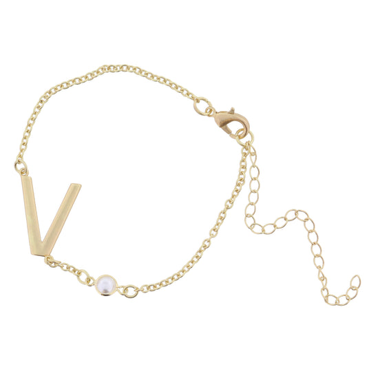 Gold Sideways "V" Initial with Pearl Bezel Station Accent Bracelet