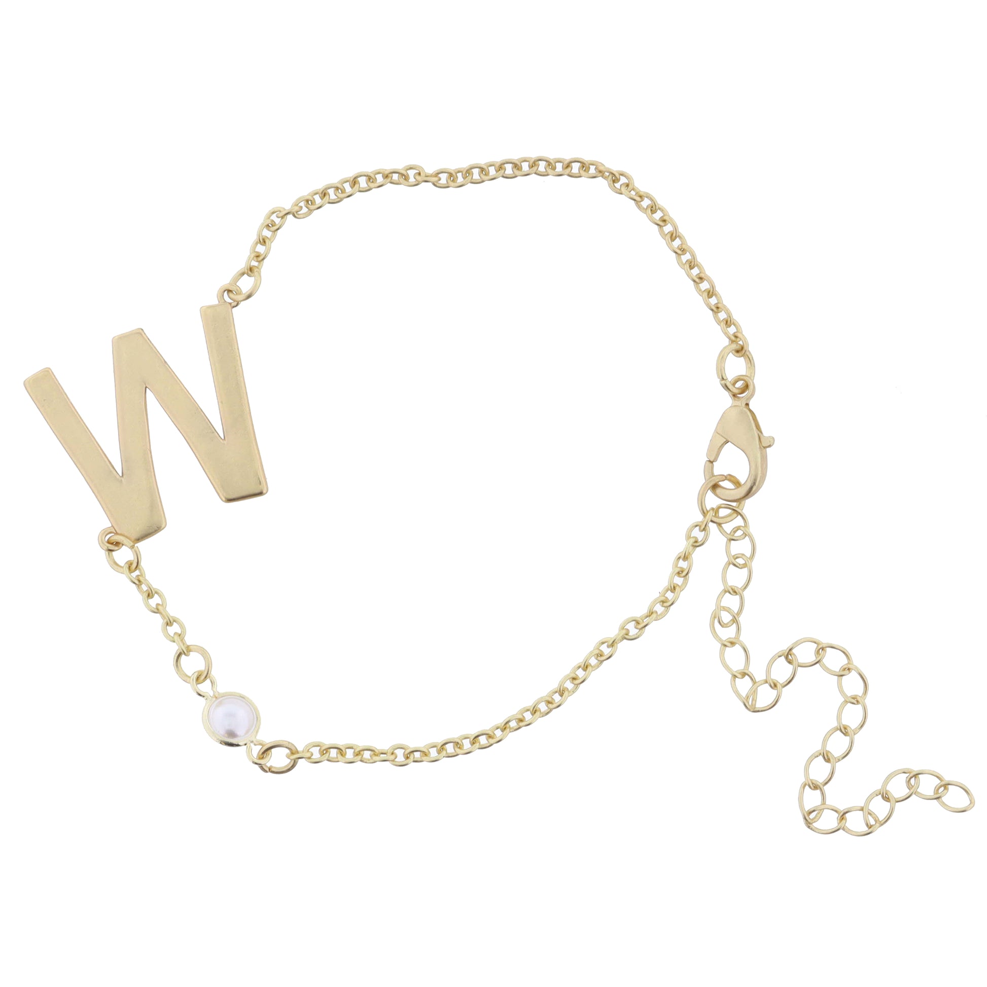 Gold Sideways "W" Initial with Pearl Bezel Station Accent Bracelet