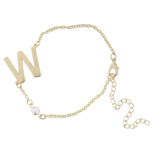 Gold Sideways "W" Initial with Pearl Bezel Station Accent Bracelet