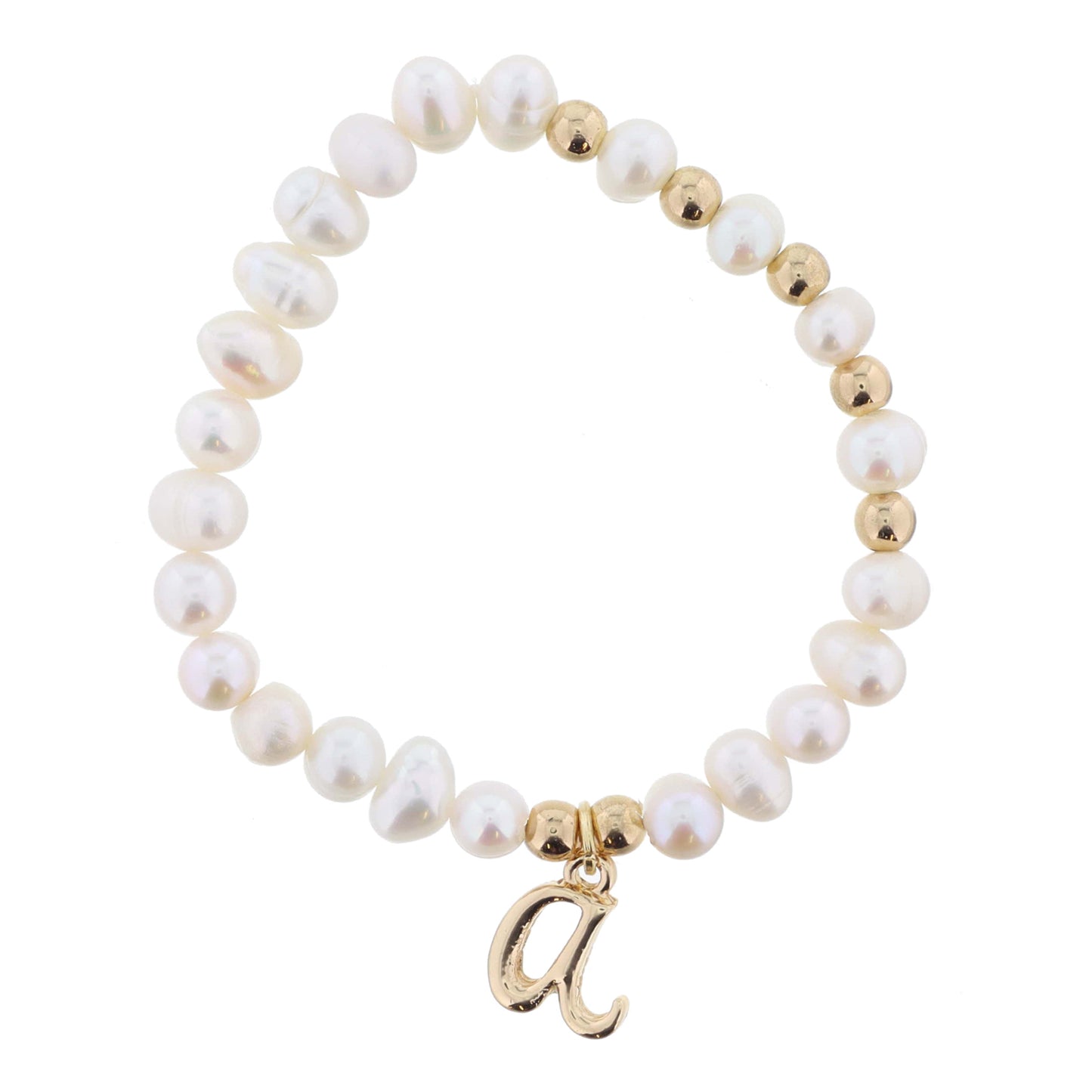 Kids Natural Pearl Beaded with Gold Accents and Shiny Gold Cursive "a" Initial Bracelet