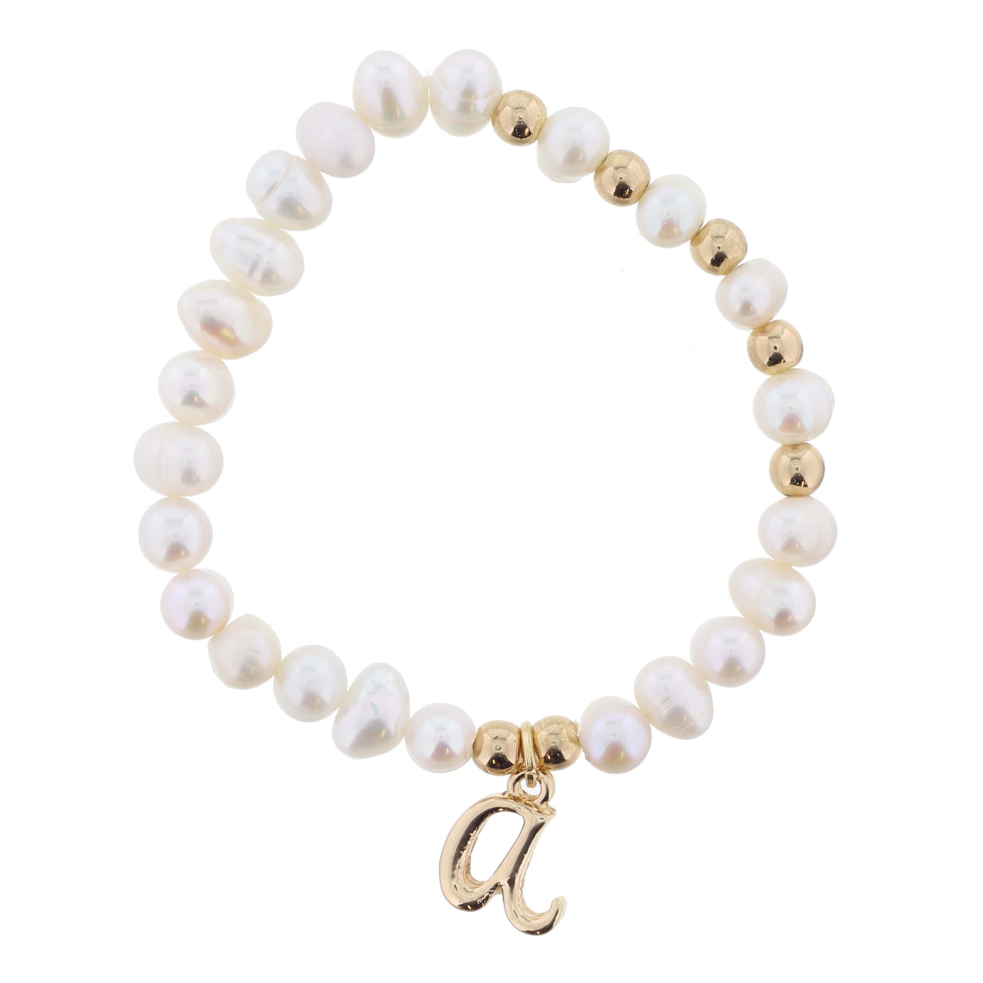 Kids Natural Pearl Beaded with Gold Accents and Shiny Gold Cursive "a" Initial Bracelet