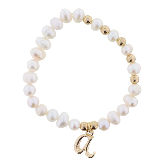 Kids Natural Pearl Beaded with Gold Accents and Shiny Gold Cursive "a" Initial Bracelet