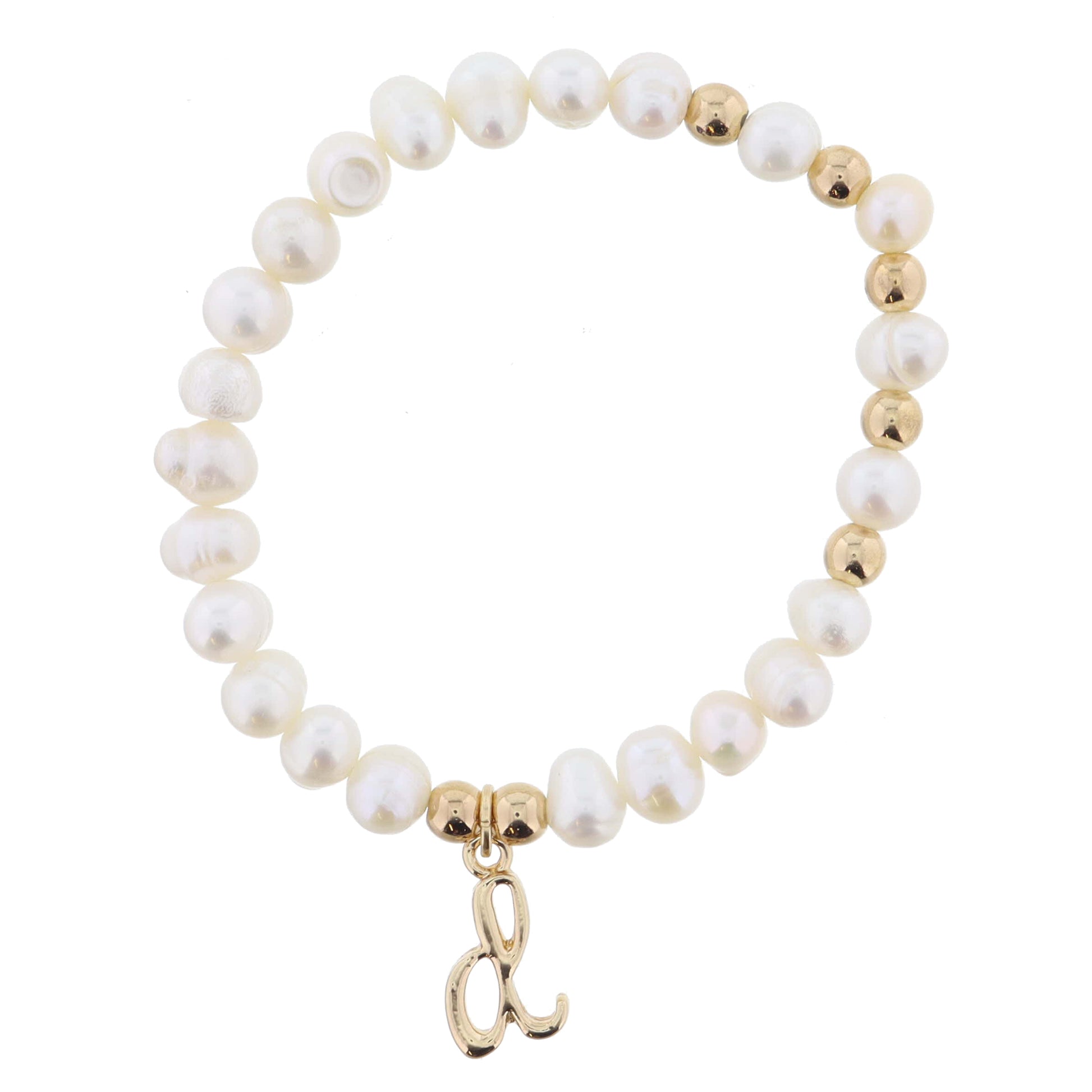 Kids Natural Pearl Beaded with Gold Accents and Shiny Gold Cursive "d" Initial Bracelet