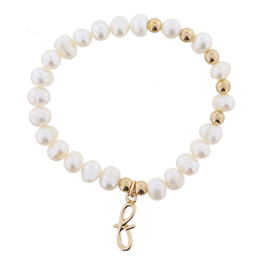 Kids Natural Pearl Beaded with Gold Accents and Shiny Gold Cursive "f" Initial Bracelet