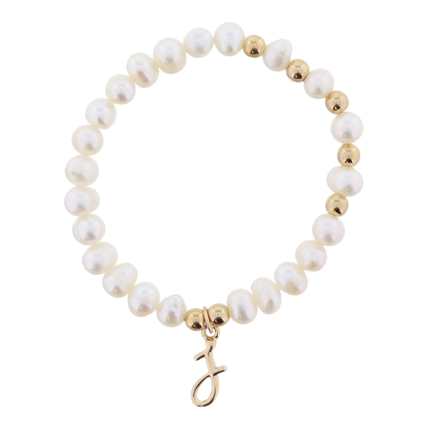 Kids Natural Pearl Beaded with Gold Accents and Shiny Gold Cursive "j" Initial Bracelet
