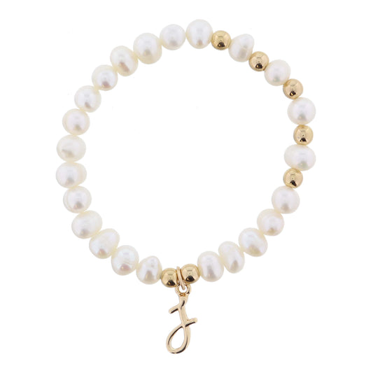 Kids Natural Pearl Beaded with Gold Accents and Shiny Gold Cursive "j" Initial Bracelet