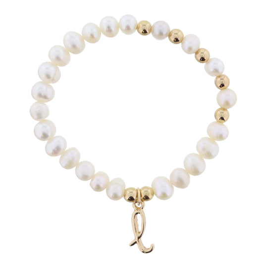 Kids Natural Pearl Beaded with Gold Accents and Shiny Gold Cursive "l" Initial Bracelet