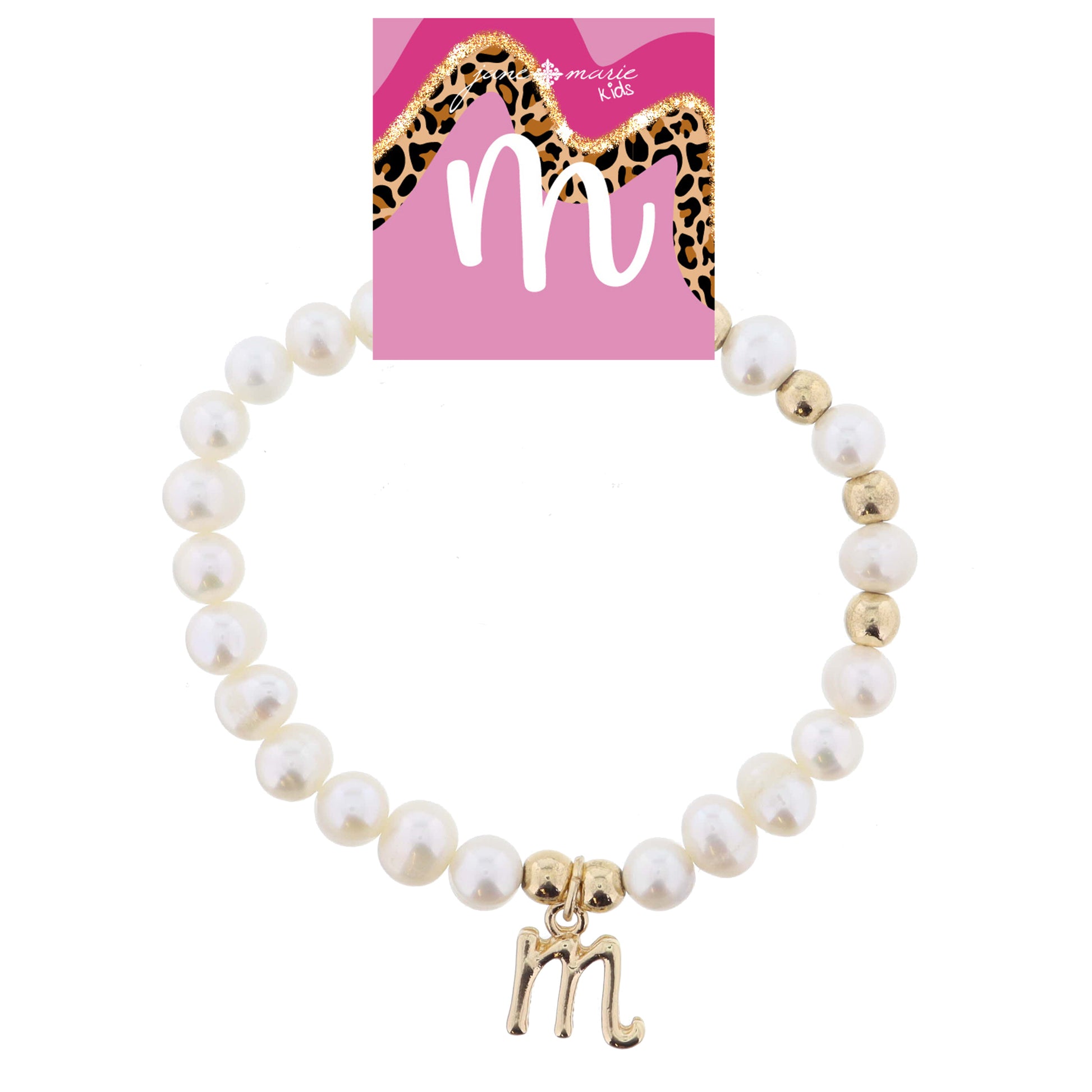 Kids Natural Pearl Beaded with Gold Accents and Shiny Gold Cursive "m" Initial Bracelet
