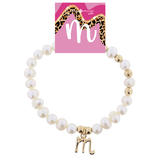 Kids Natural Pearl Beaded with Gold Accents and Shiny Gold Cursive "m" Initial Bracelet