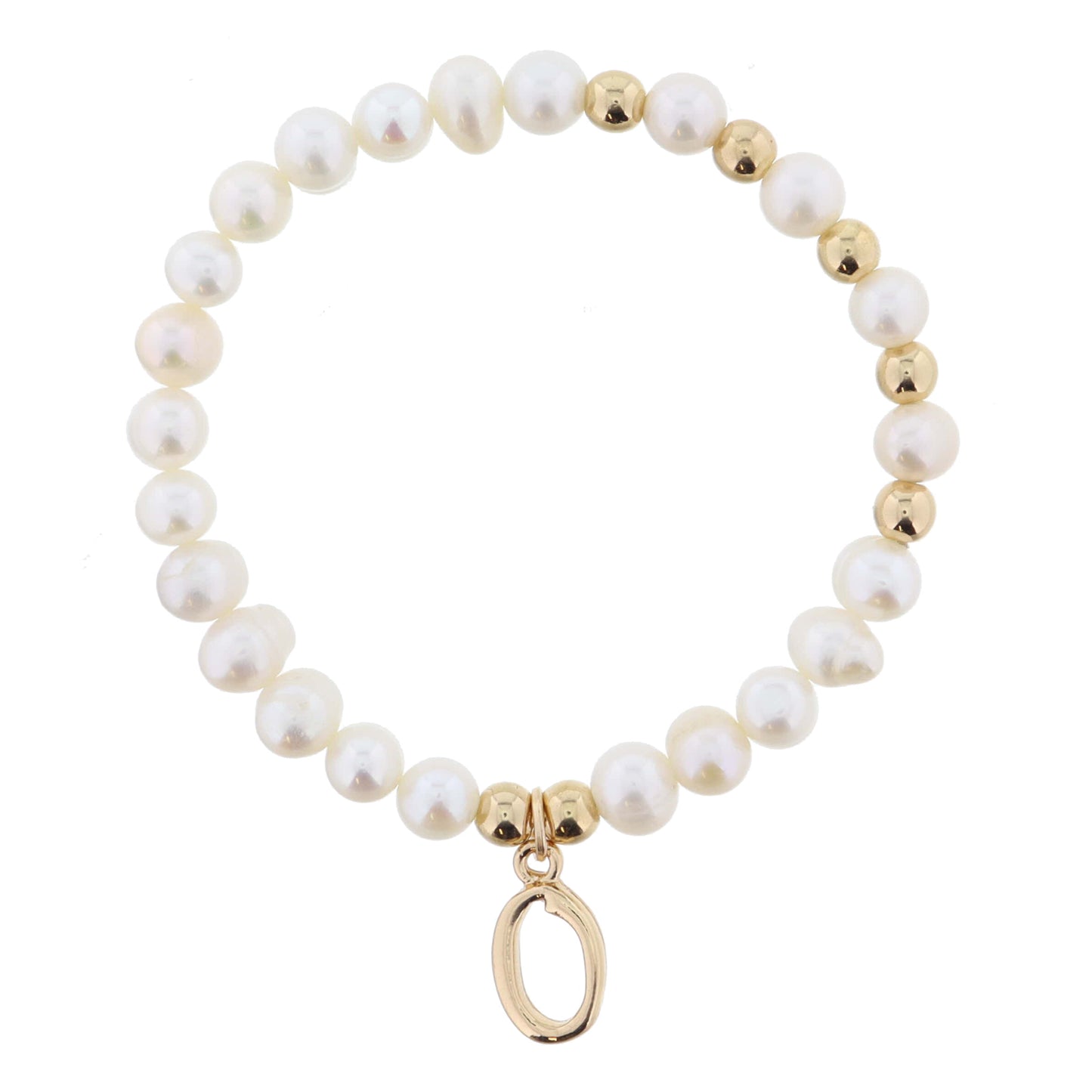 Kids Natural Pearl Beaded with Gold Accents and Shiny Gold Cursive "o" Initial Bracelet