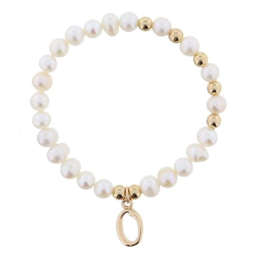 Kids Natural Pearl Beaded with Gold Accents and Shiny Gold Cursive "o" Initial Bracelet