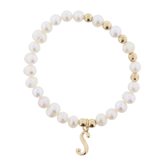 Kids Natural Pearl Beaded with Gold Accents and Shiny Gold Cursive "s" Initial Bracelet