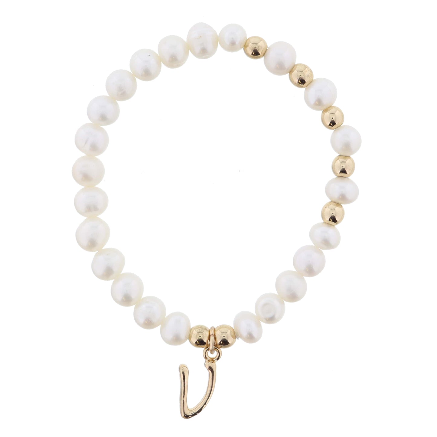 Kids Natural Pearl Beaded with Gold Accents and Shiny Gold Cursive "v" Initial Bracelet