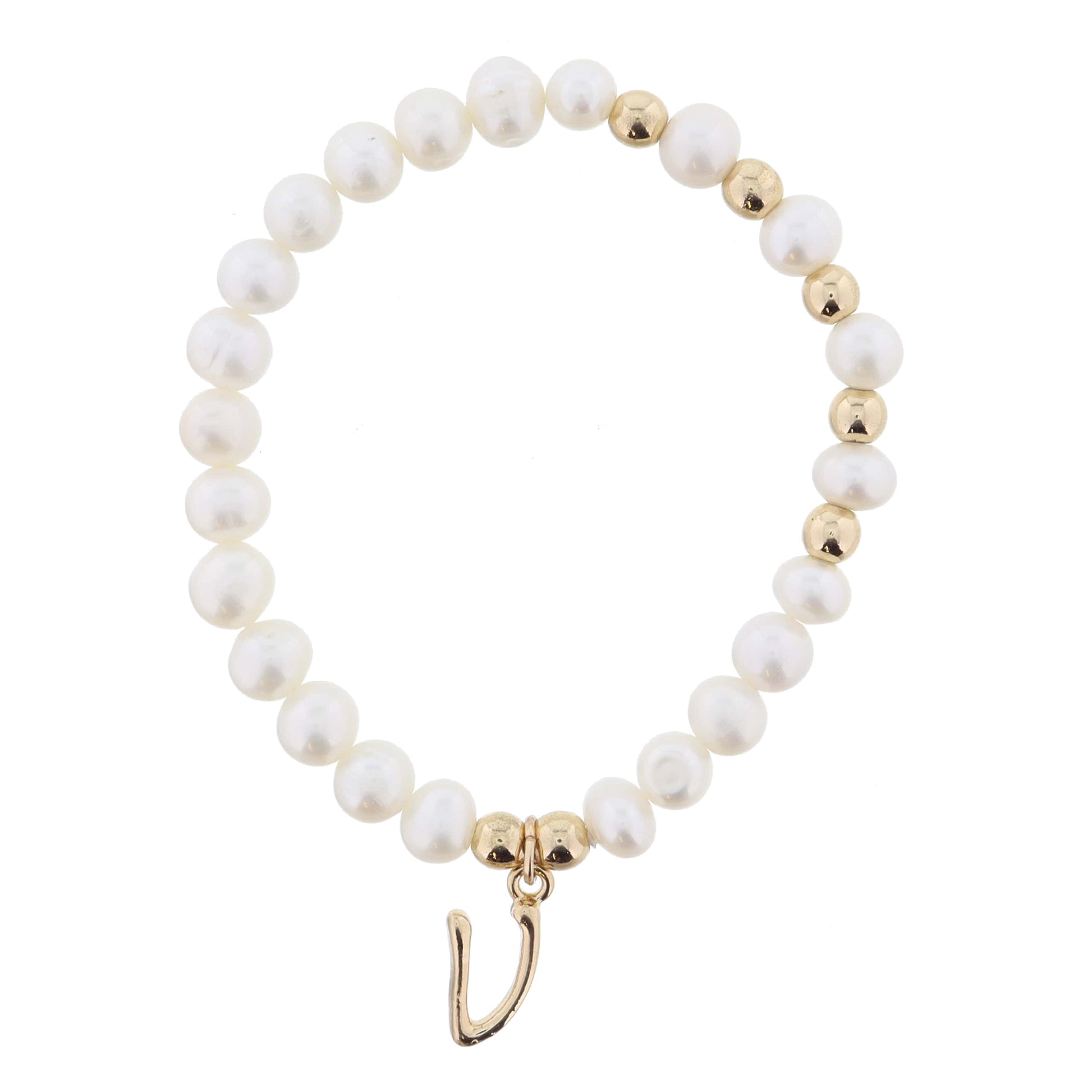 Kids Natural Pearl Beaded with Gold Accents and Shiny Gold Cursive "v" Initial Bracelet