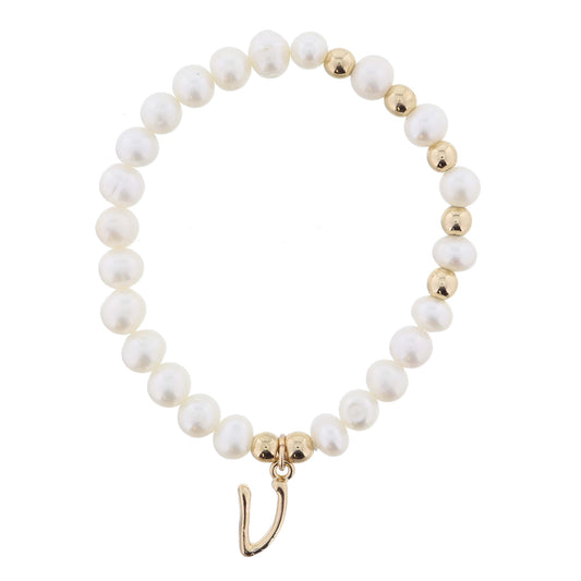 Kids Natural Pearl Beaded with Gold Accents and Shiny Gold Cursive "v" Initial Bracelet