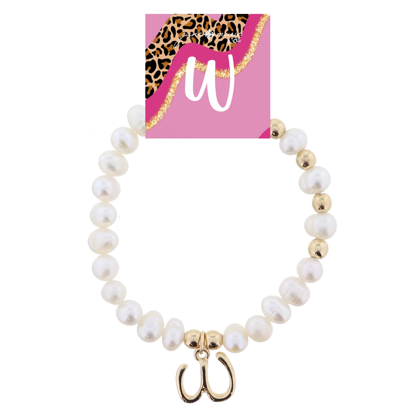 Kids Natural Pearl Beaded with Gold Accents and Shiny Gold Cursive "w" Initial Bracelet