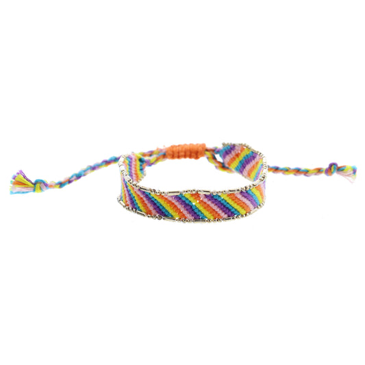 Kids Multi Rainbow Striped Woven Band with Gold Accent Edge Bracelet