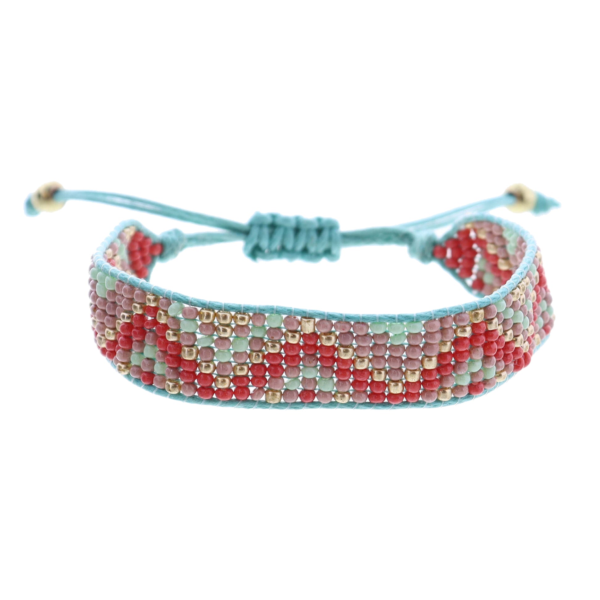 Kids Coral, Dusty Pink, Mint, Gold Woven Beaded Band Bracelet