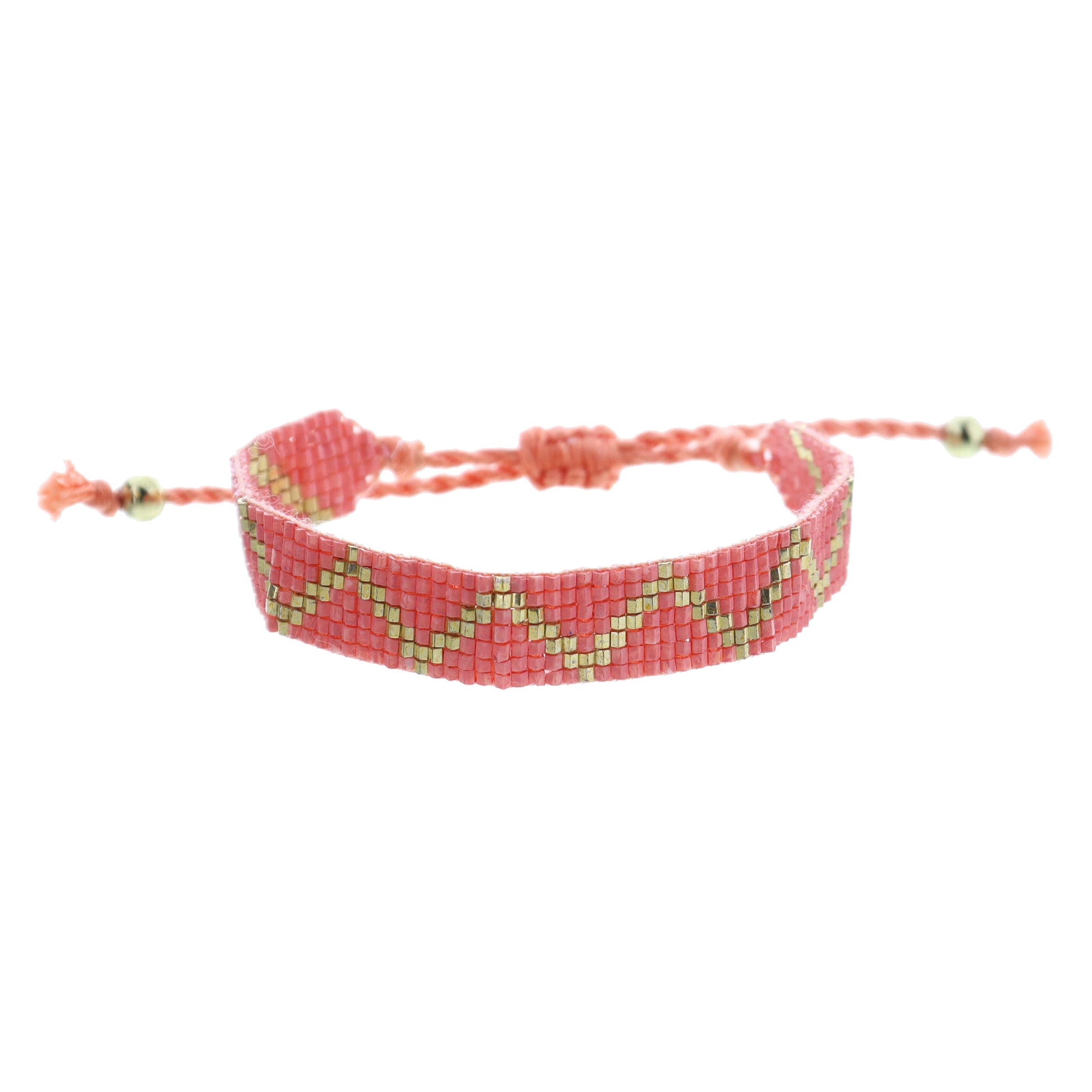 Kids Coral and Gold Zigzag Woven Beaded Band Bracelet