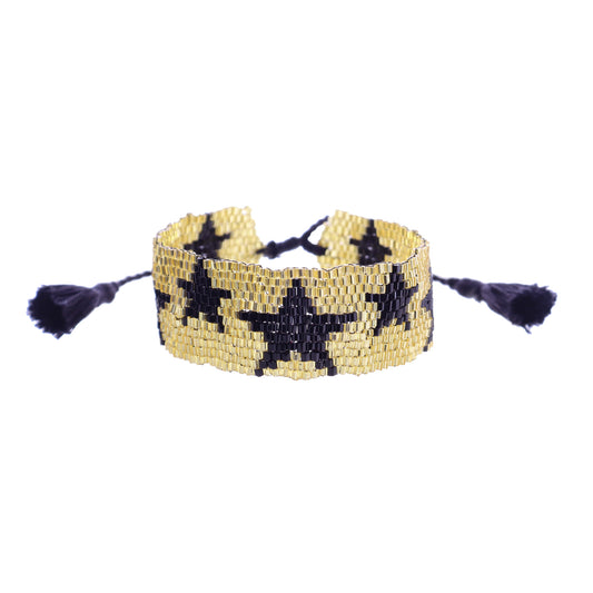 Gold with Black Stars Woven Beaded Band Bracelet