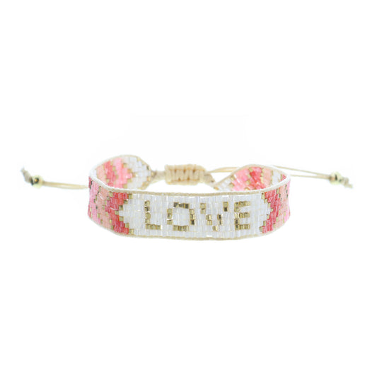 Ivory, Copper, Light Pink Woven Beaded Band Bracelet