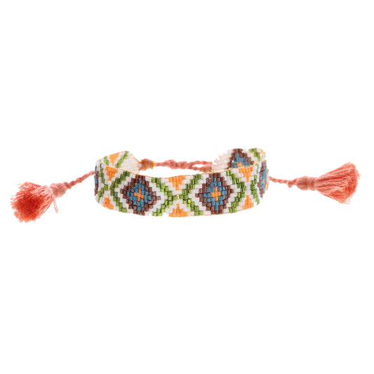 Orange, White, Olive, Maroon, Teal Woven Beaded Band Bracelet