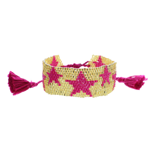 Gold with Hot Pink Stars Woven Beaded Band Bracelet