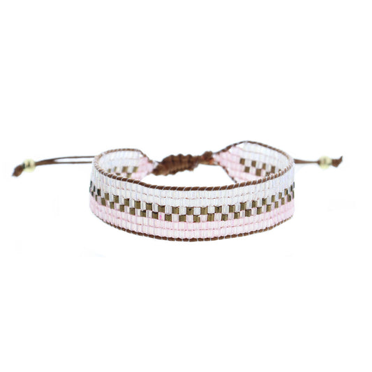 Iridescent Clear and Pink with Bronze Woven Beaded Band Bracelet