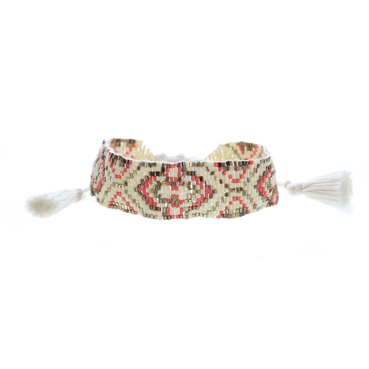 Bronze, Ivory, Coral, Gold Woven Beaded Band Bracelet