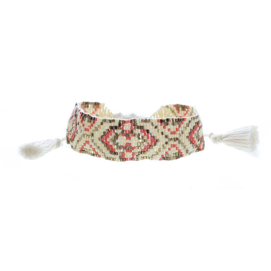 Bronze, Ivory, Coral, Gold Woven Beaded Band Bracelet