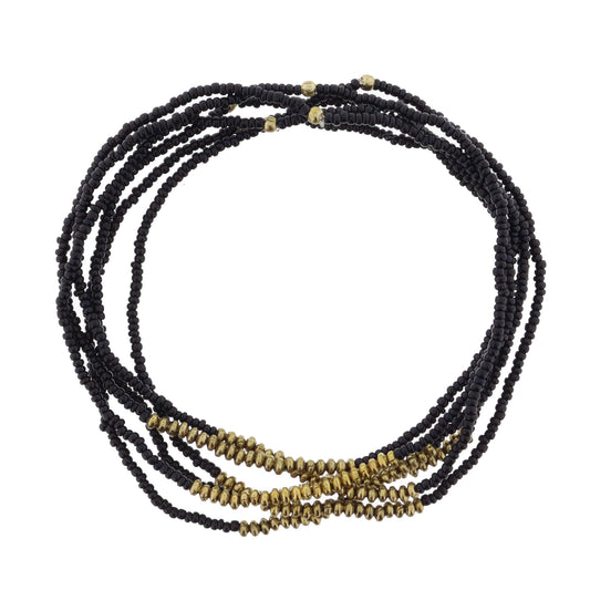 Set of 6, Delicate Black Beaded with Gold Portions Bracelet