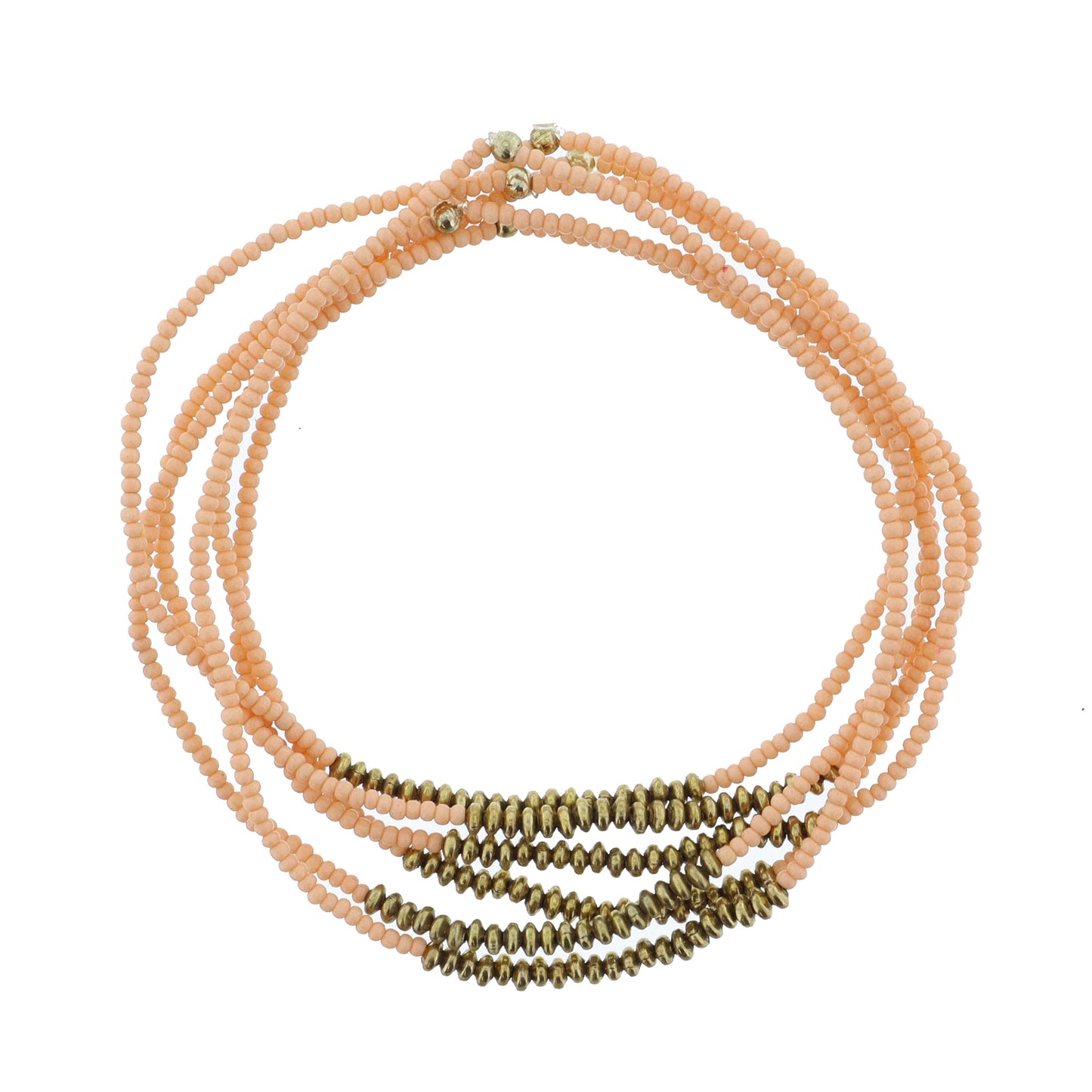 Set of 6, Delicate Peachy Pink Beaded with Gold Portions Bracelet