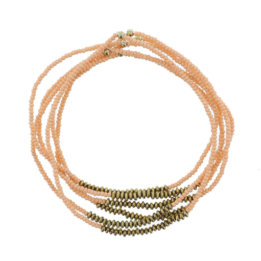 Set of 6, Delicate Peachy Pink Beaded with Gold Portions Bracelet