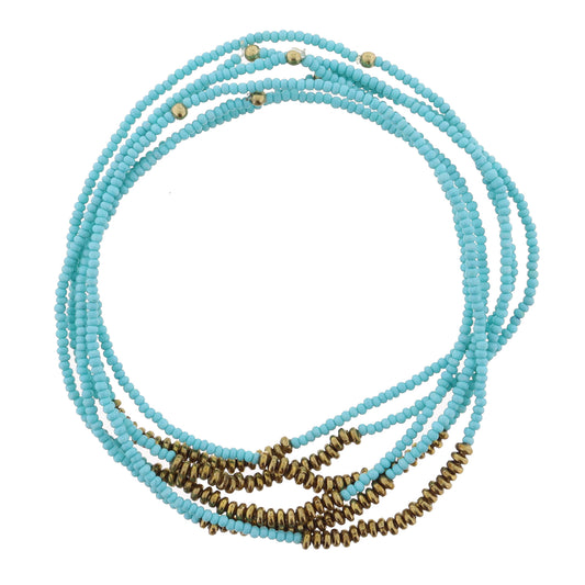 Set of 6, Delicate Turquoise Beaded with Gold Portions Bracelet