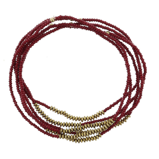 Set of 6, Delicate Red Beaded with Gold Portions Bracelet