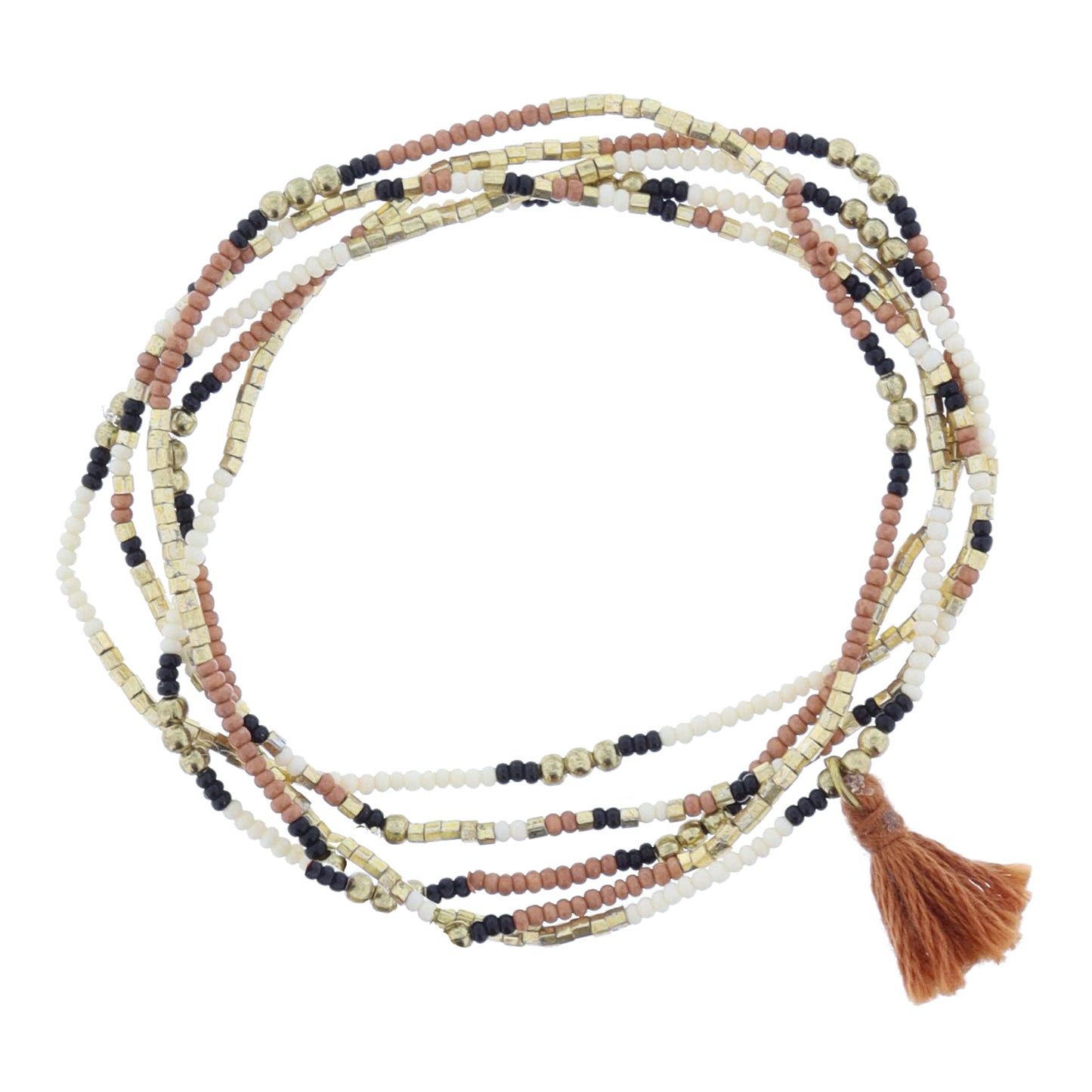 Set of 5, Coordinating Mauve, Gold, Black, Ivory Beaded with Terra Cotta Tassel Bracelet